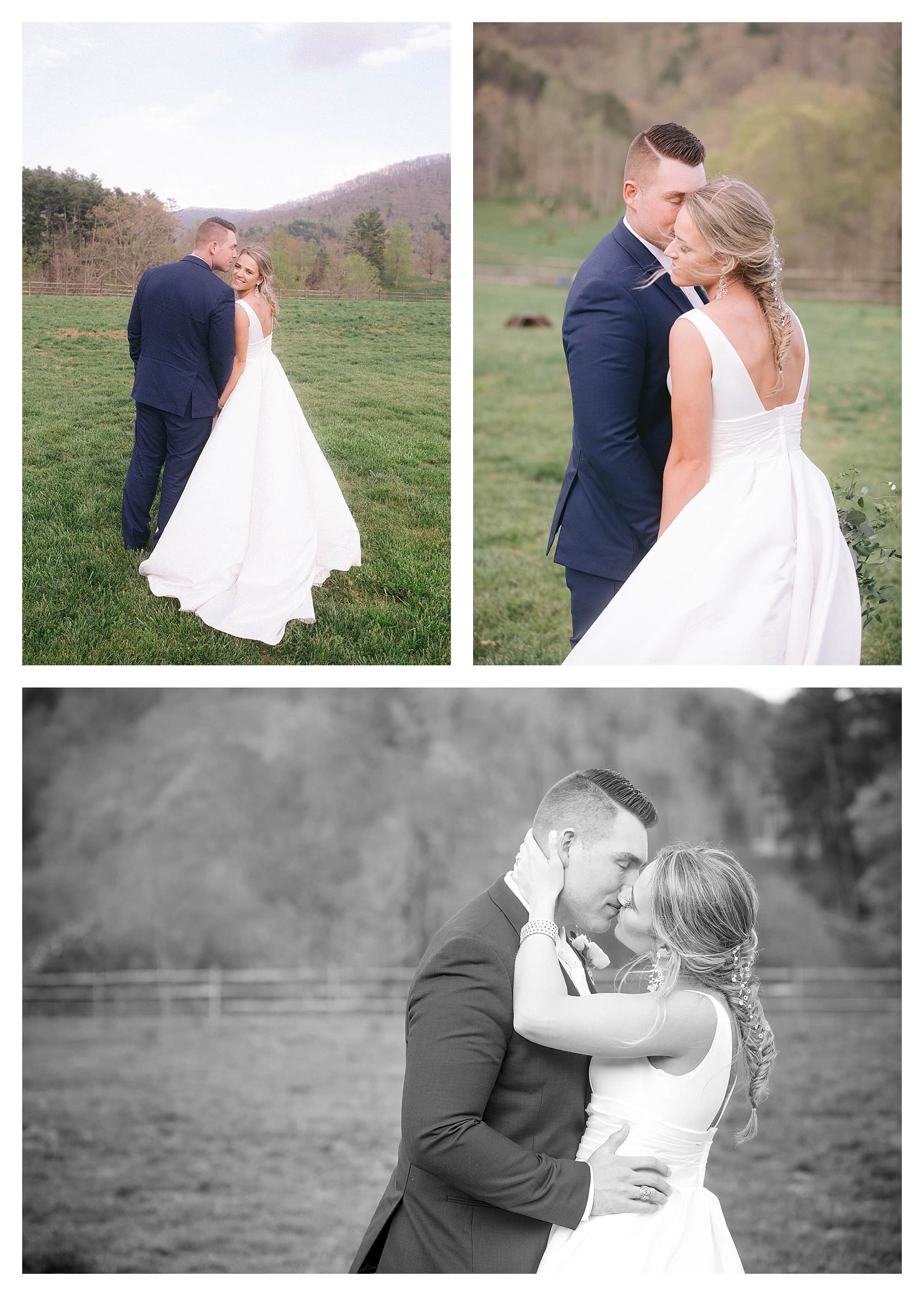 Bride and groom kissing in grassy field