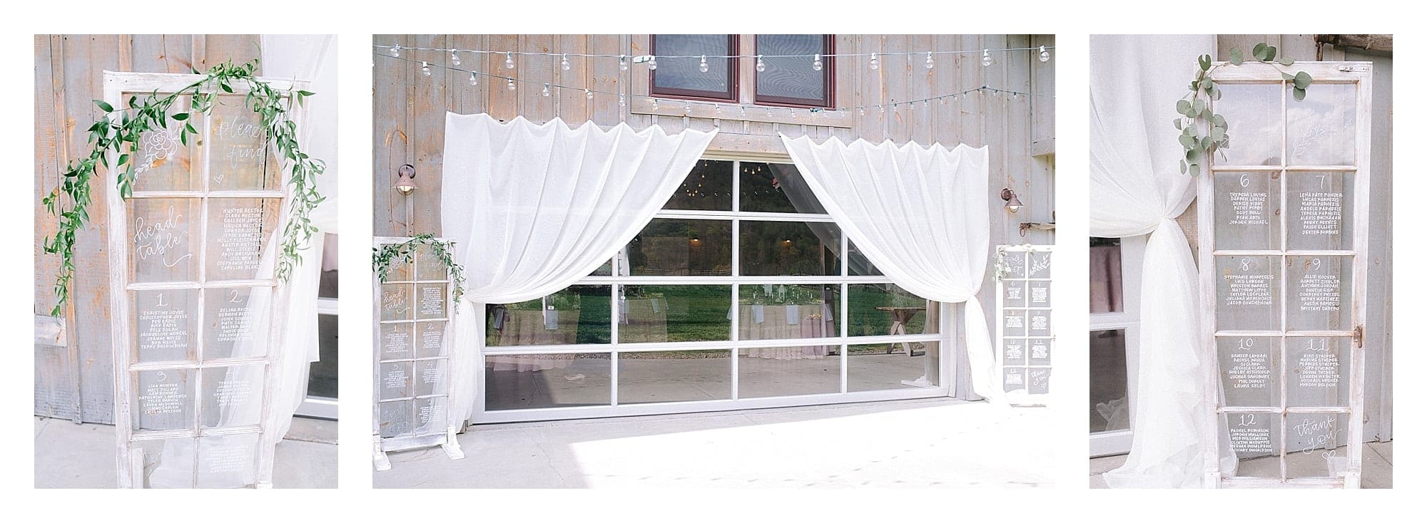 White wedding decor and hand calligraphy seating chart on window pane