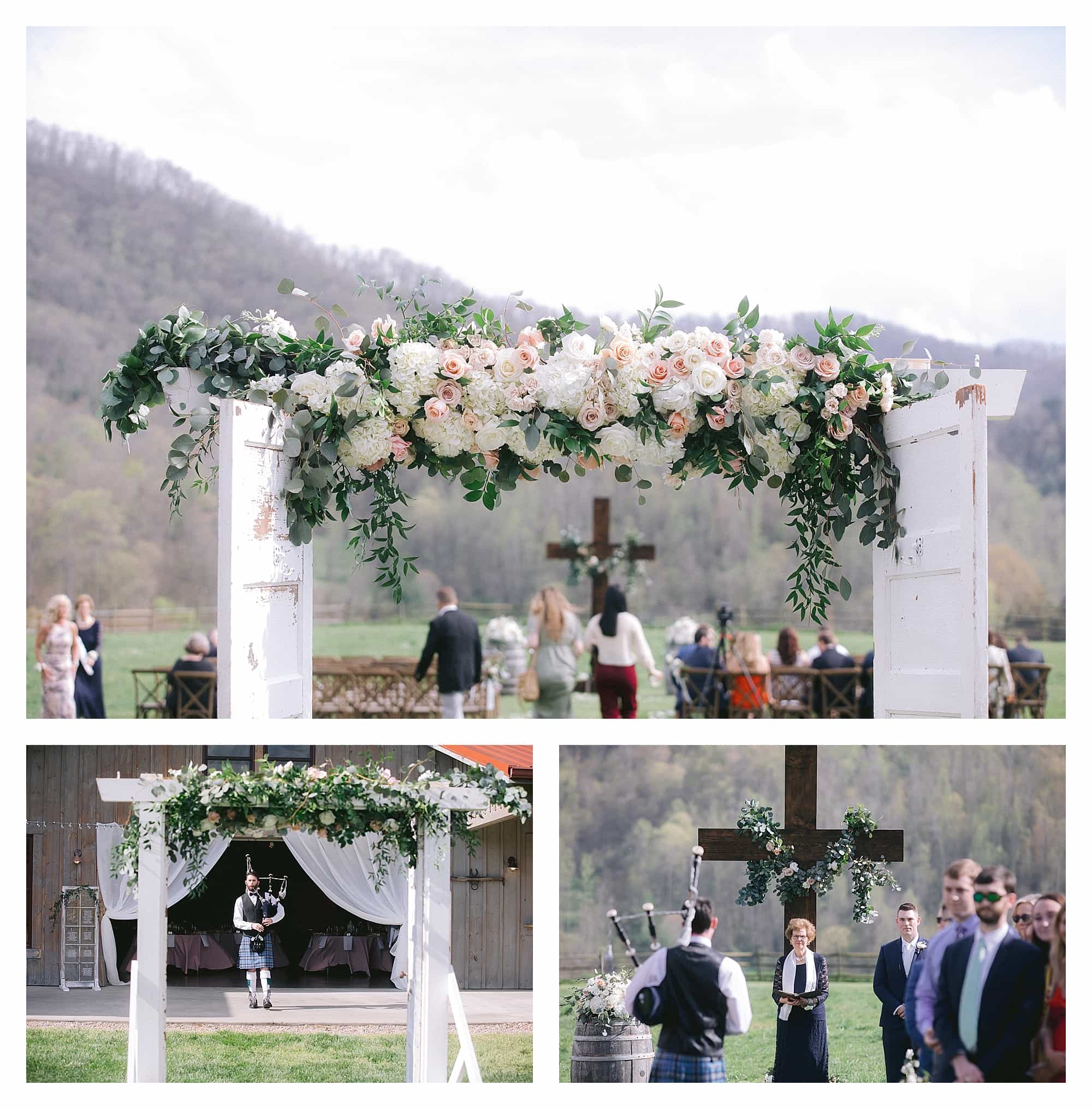 Wedding ceremony decor - wedding arbour made with two old doors and cream and peach flowers across the top