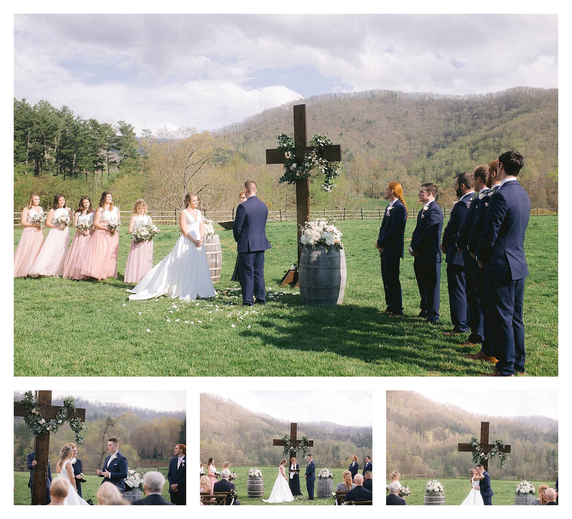 Wedding ceremony outdoors in grassy field among mountains - bride and groom first kiss