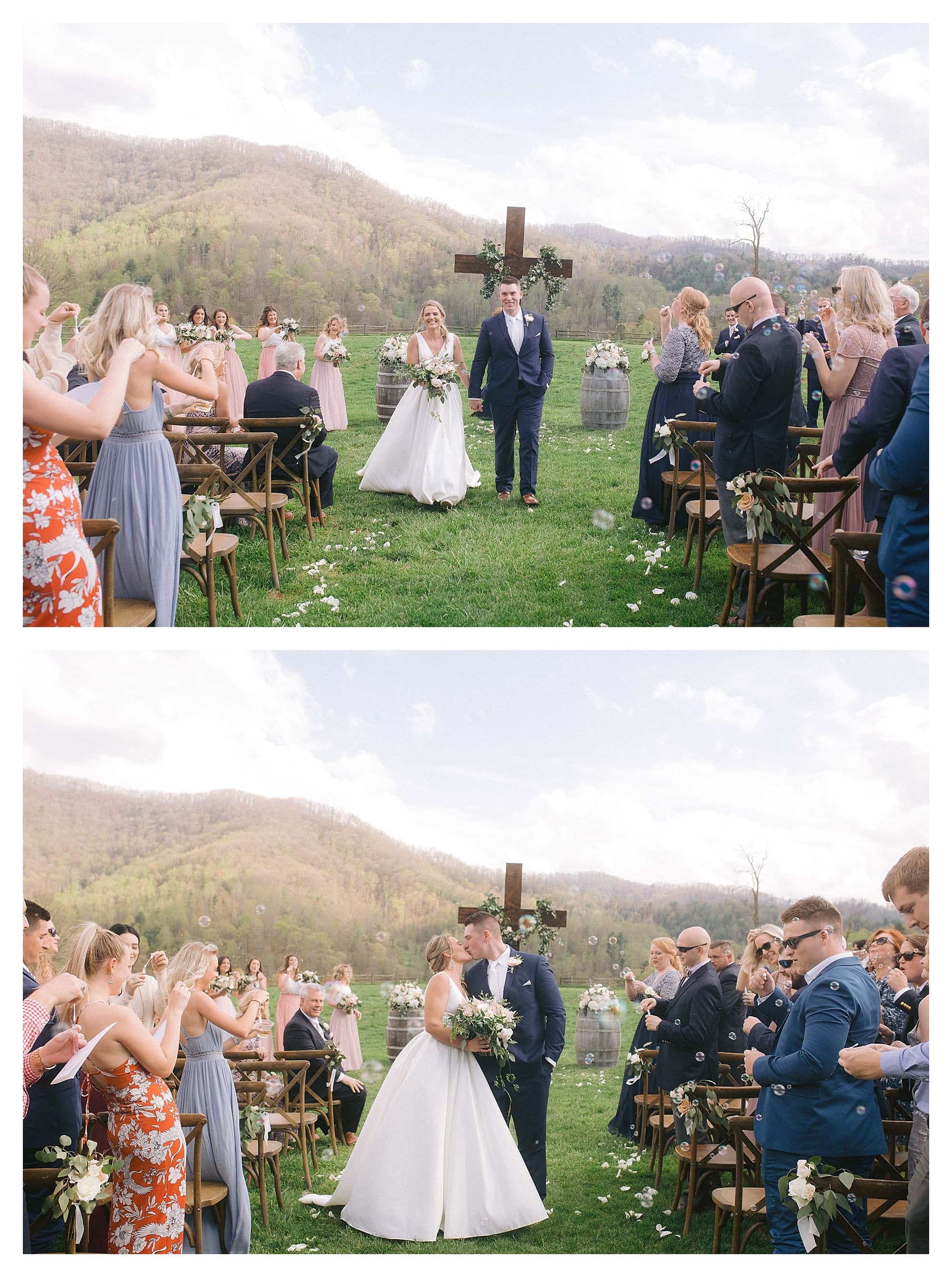 Wedding ceremony outdoors in grassy field among mountains - bride and groom walking down the aisle together post ceremony