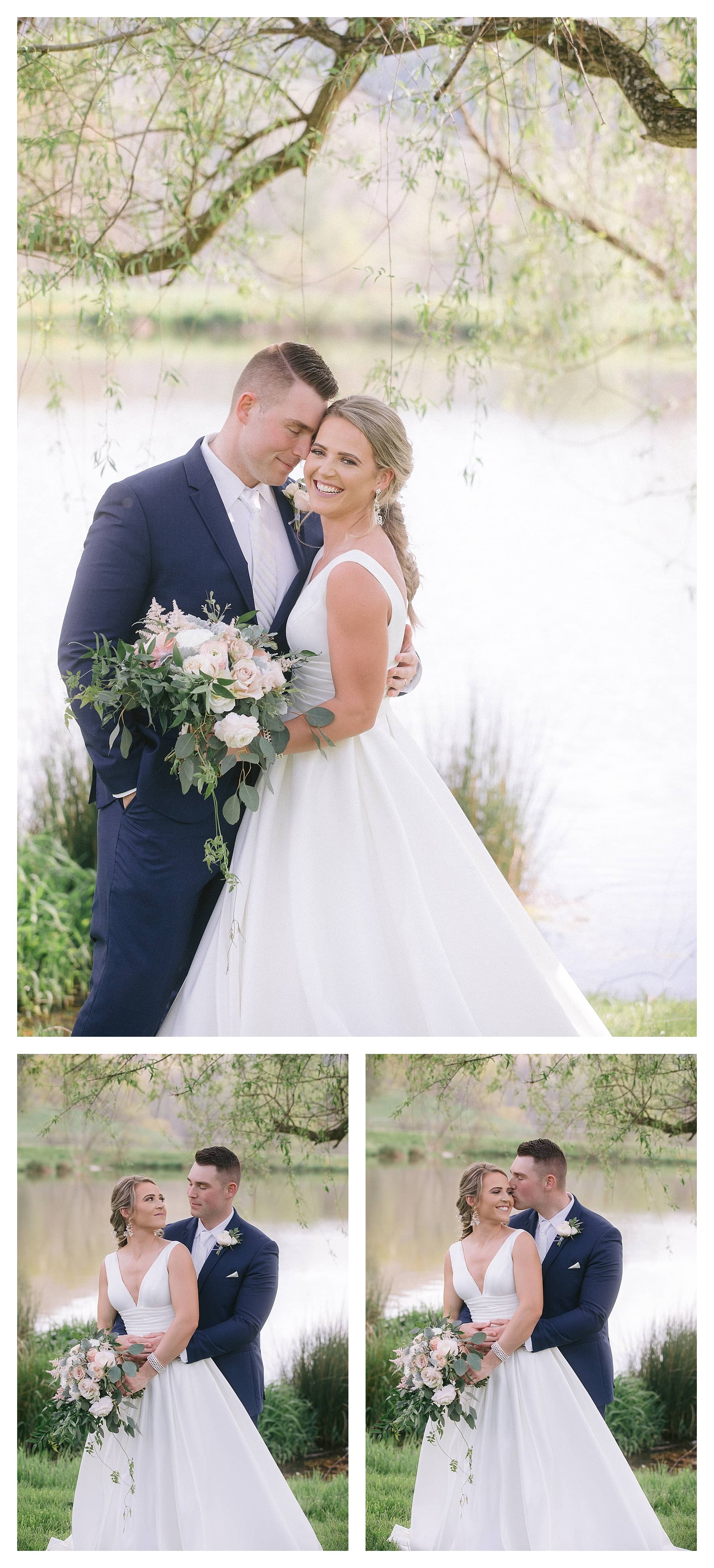 Bride and groom posing beside pond under willow tree