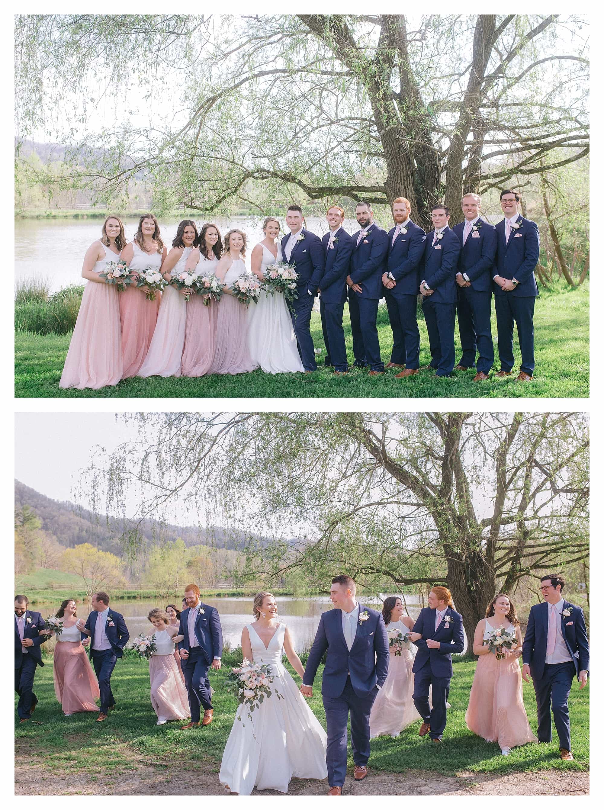 Wedding party posing beside pond under willow tree
