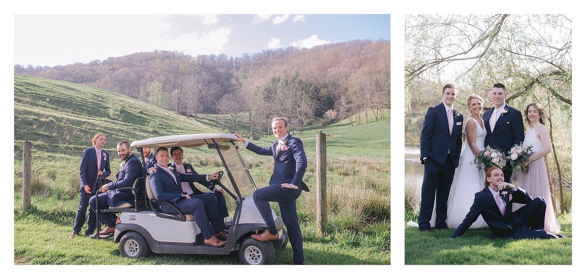 Wedding party posing beside pond under willow tree and groomsmen posing on golf cart