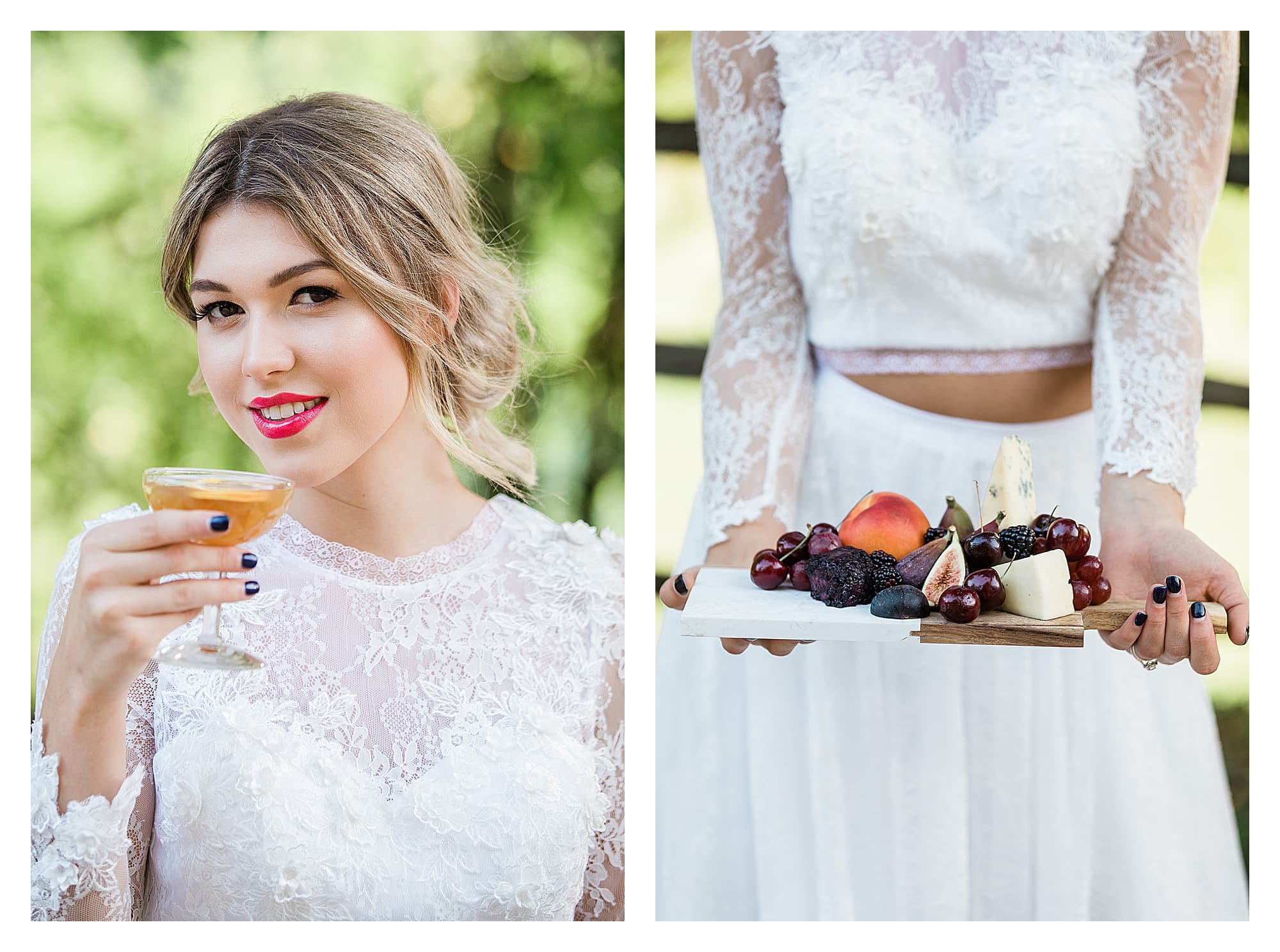 Bride wearing two piece white lace wedding dress sipping cocktail smiling