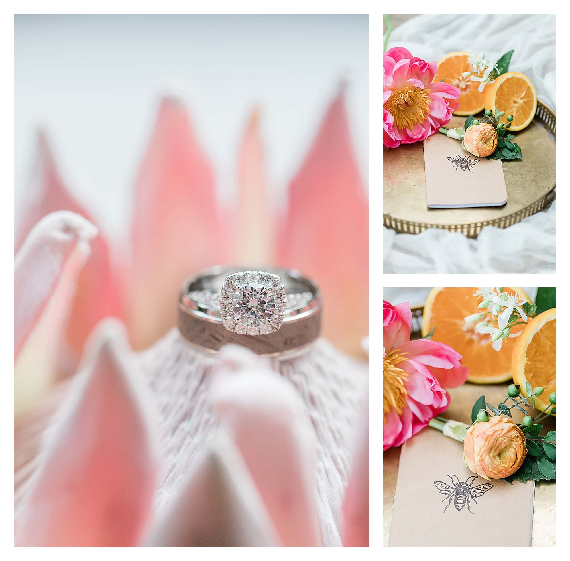 Wedding rings on flower and peach wedding boutonniere