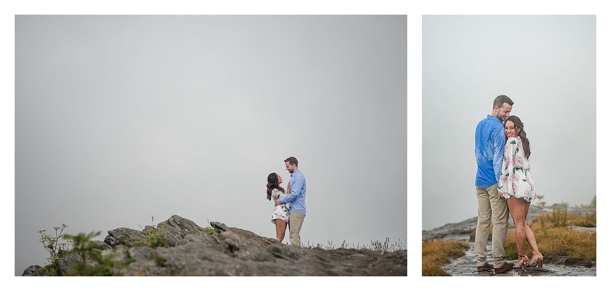 Young couple standing on mountain top holding hands on rainy cloudy day