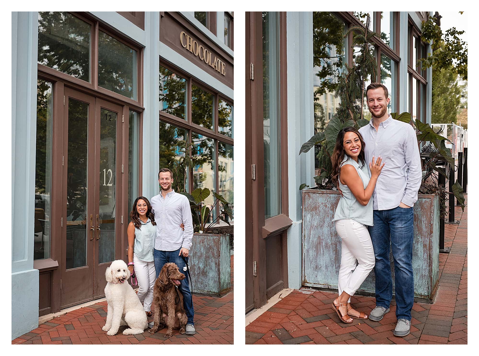 Young couple with arms around one another posing in front of store front smiling in downtown asheville