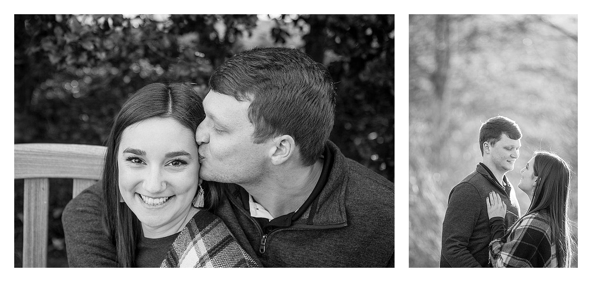 black and white photos of young man kissing fiance on cheek