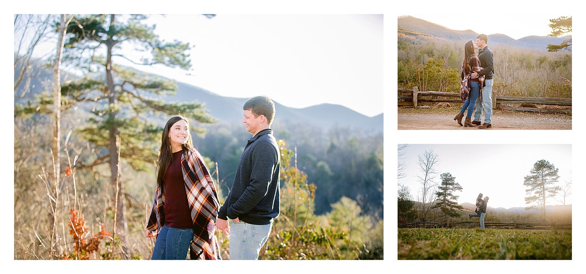 young engaged couple at sunset hugging in north carolina mountains