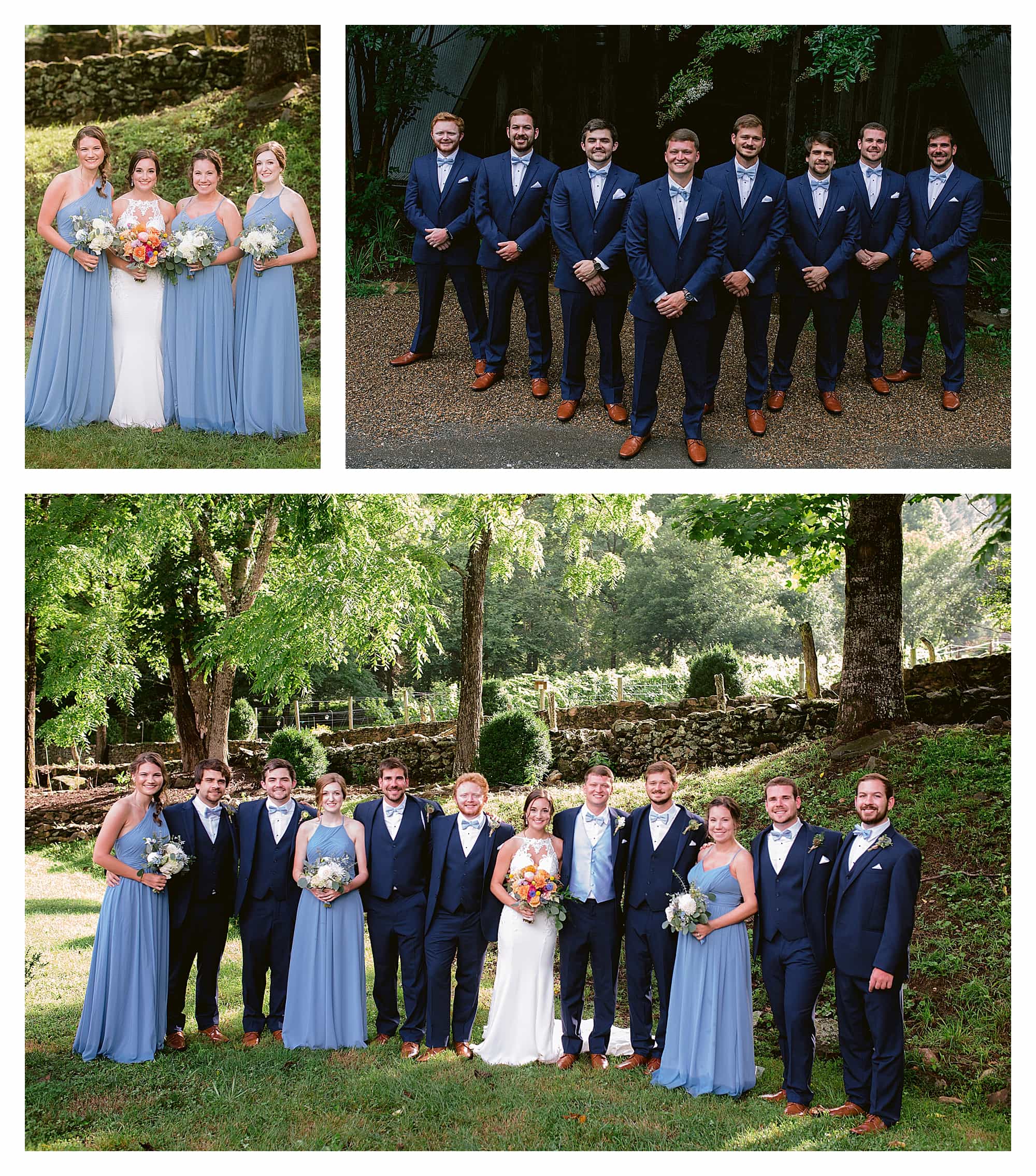 Wedding party standing outside posing in navy blue suits and light blue bridesmaid dresses