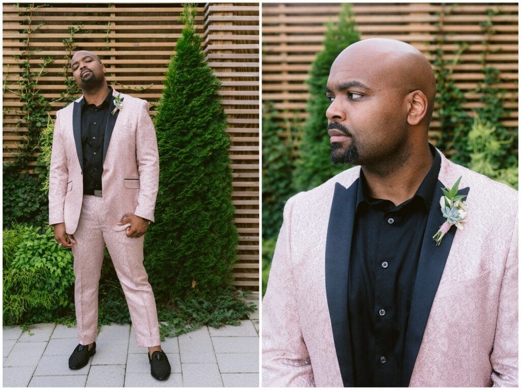 The groom wore a blush colored suit with a black shirt, and a spring floral bout for his wedding.
