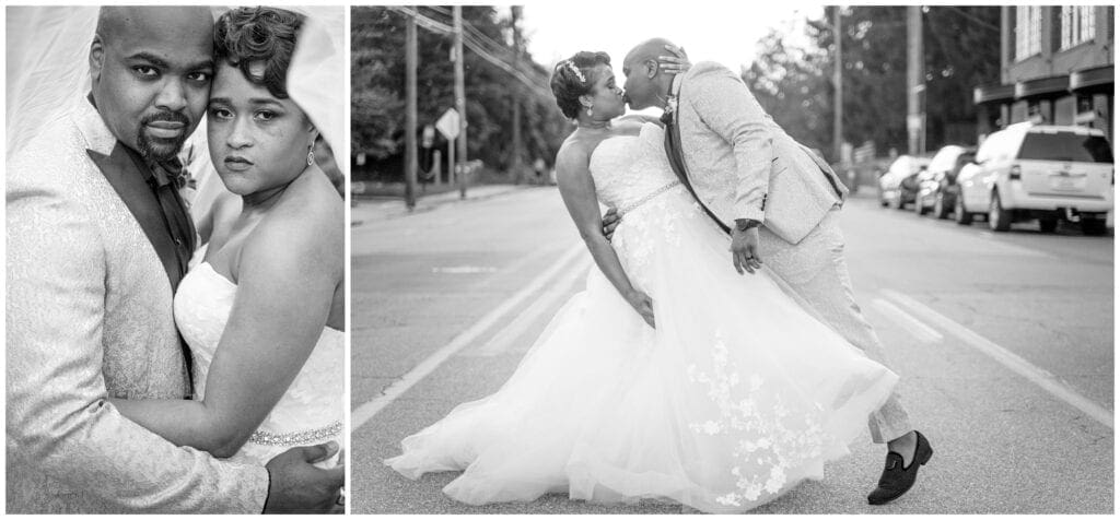 Black and white bride and groom portraits in the street.