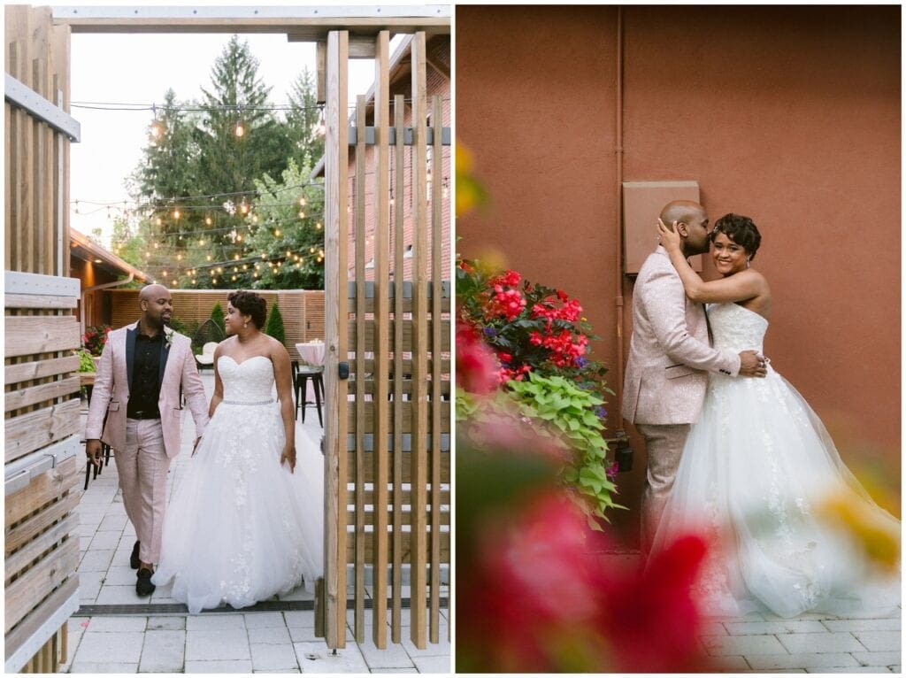 Bride and groom portraits on the patio of Ambrose West in the spring.