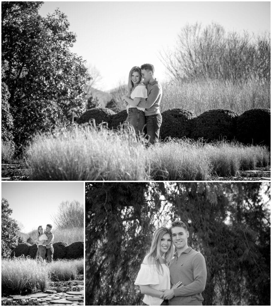 Black and white trio of photos of Eric and Fallon hugging in the gardens at the NC Arboretum.