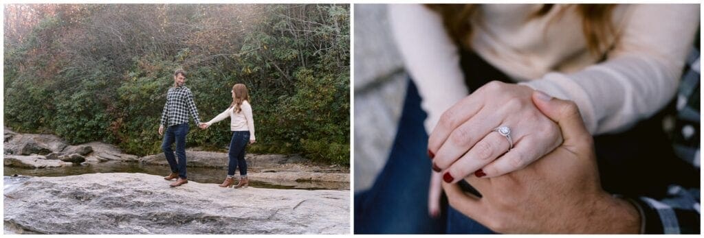 Holding hands and walking along a creek in the mountains during their engagement session.