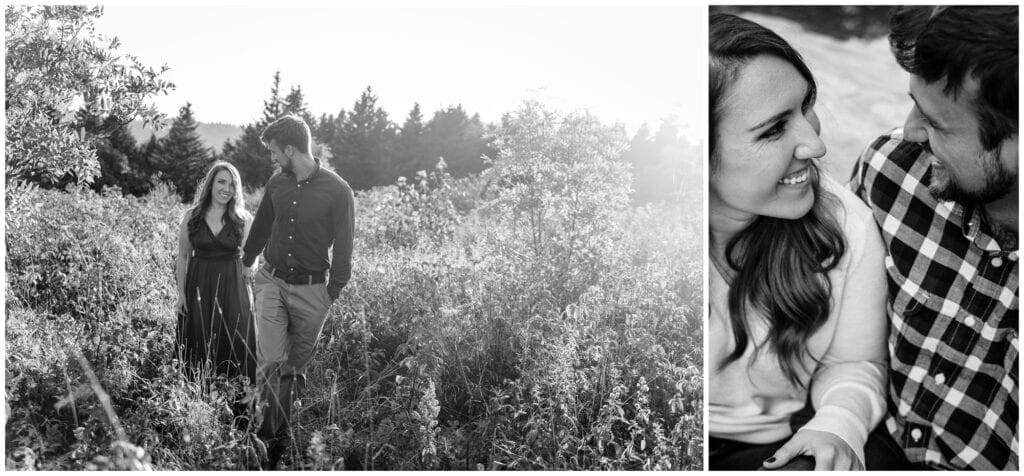 Black and white engagement photos in a field along the Blue Ridge Parkway in Asheville, NC.