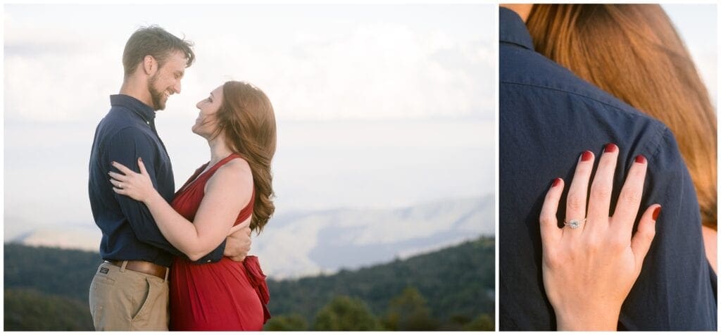 Mountain views paired with a close up of her engagement ring during their engagement session.
