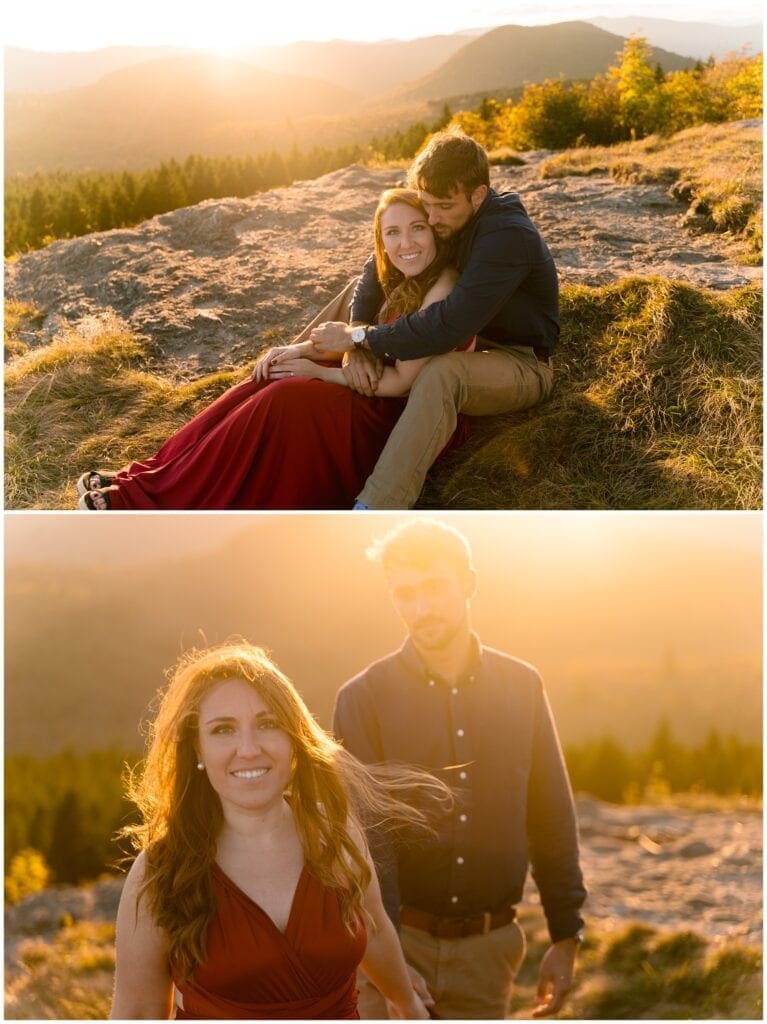 Sunset engagement photos on a mountain holding hands and walking away from the sun.