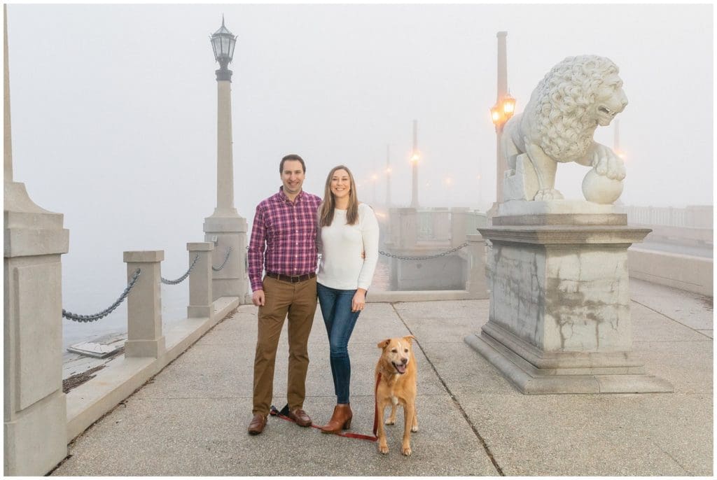St Augustine foggy engagement session in December with a dog.