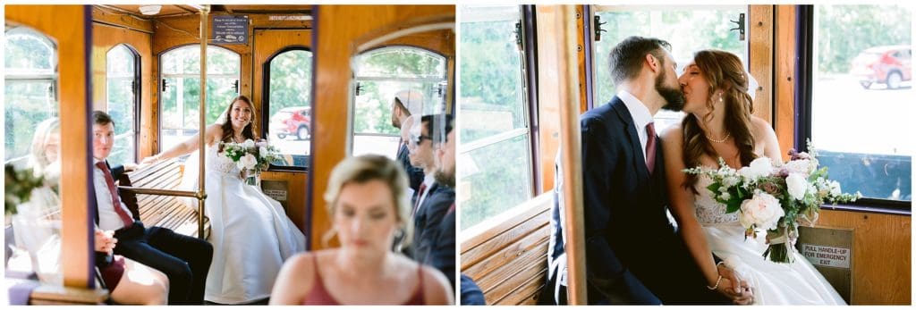 The bride and groom share a kiss on the trolley after their wedding ceremony, and on the way to their reception.