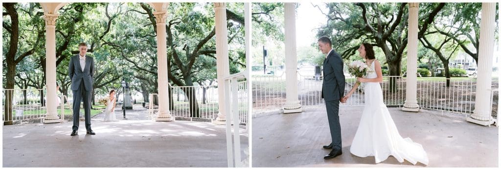 The bride and groom share a first look at White Point Gardens  | Charleston Wedding Photographer 