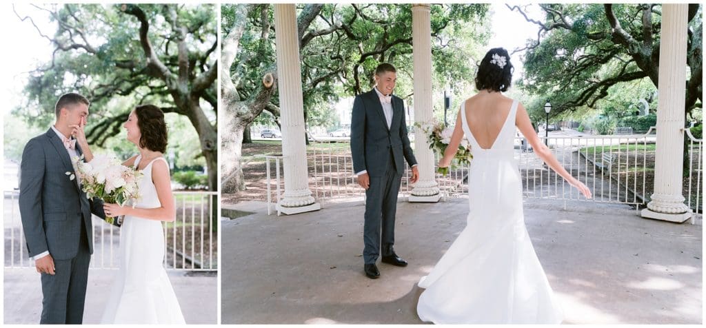 The bride and groom share a first look at white point gardens | Charleston Wedding Photographer 