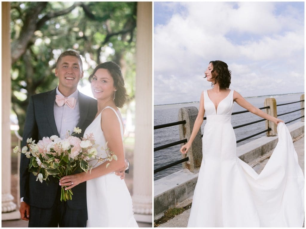 Bride and groom portraits in historic downtown Charleston along the Battery | Charleston Wedding Photographer 
