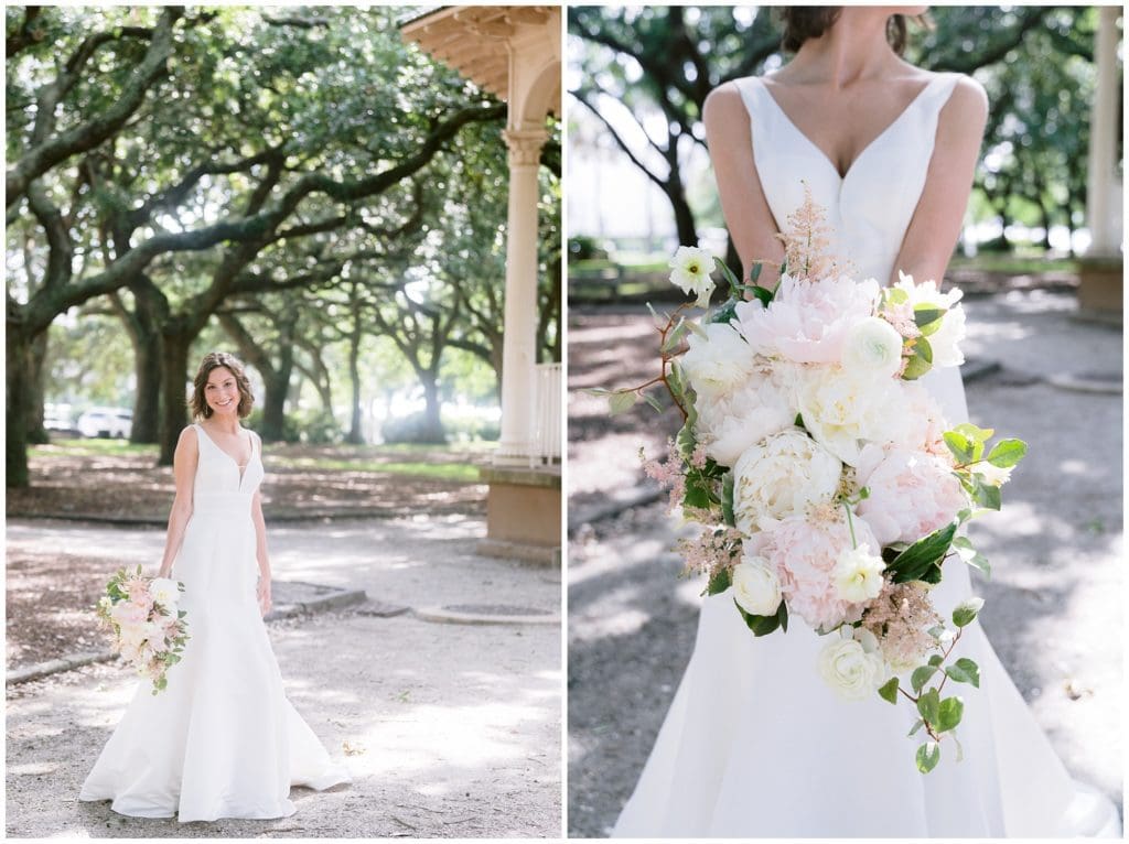 Bridal portraits with pink and white peonies in White Point Park  | Charleston Wedding Photographer 