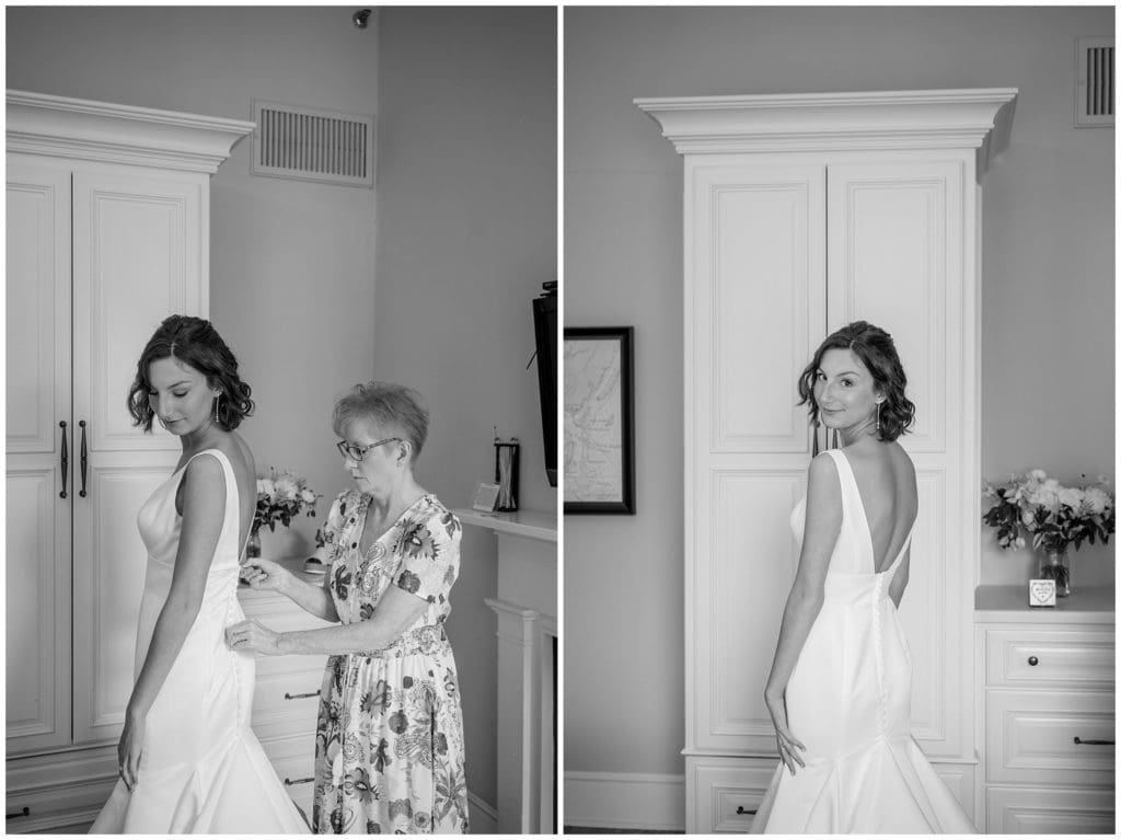 Black and white portraits of the bride getting dressed on her wedding day  | Charleston Wedding Photographer 