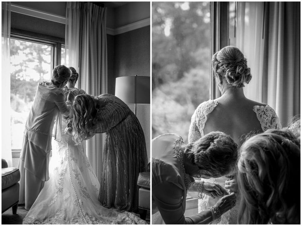 Black and white images of the bride getting dressed on her wedding day.