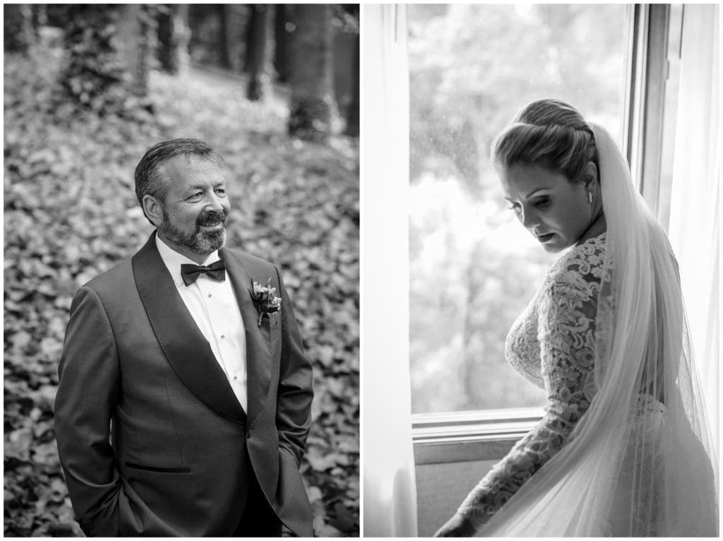 Black and white portraits of the bride and groom individually at the Omni Grove Park Inn.