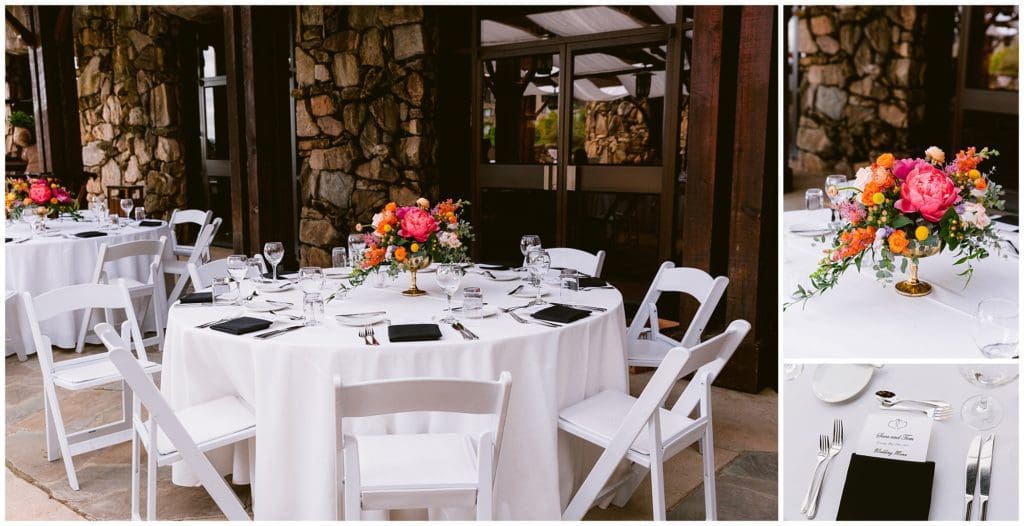 Outdoor wedding reception on the terrace at the Omni Grove Park Inn | Asheville Wedding Photographer