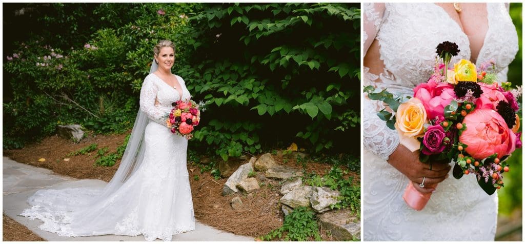 Bridal Portraits at the Omni Grove Park Inn with lush pink florals.