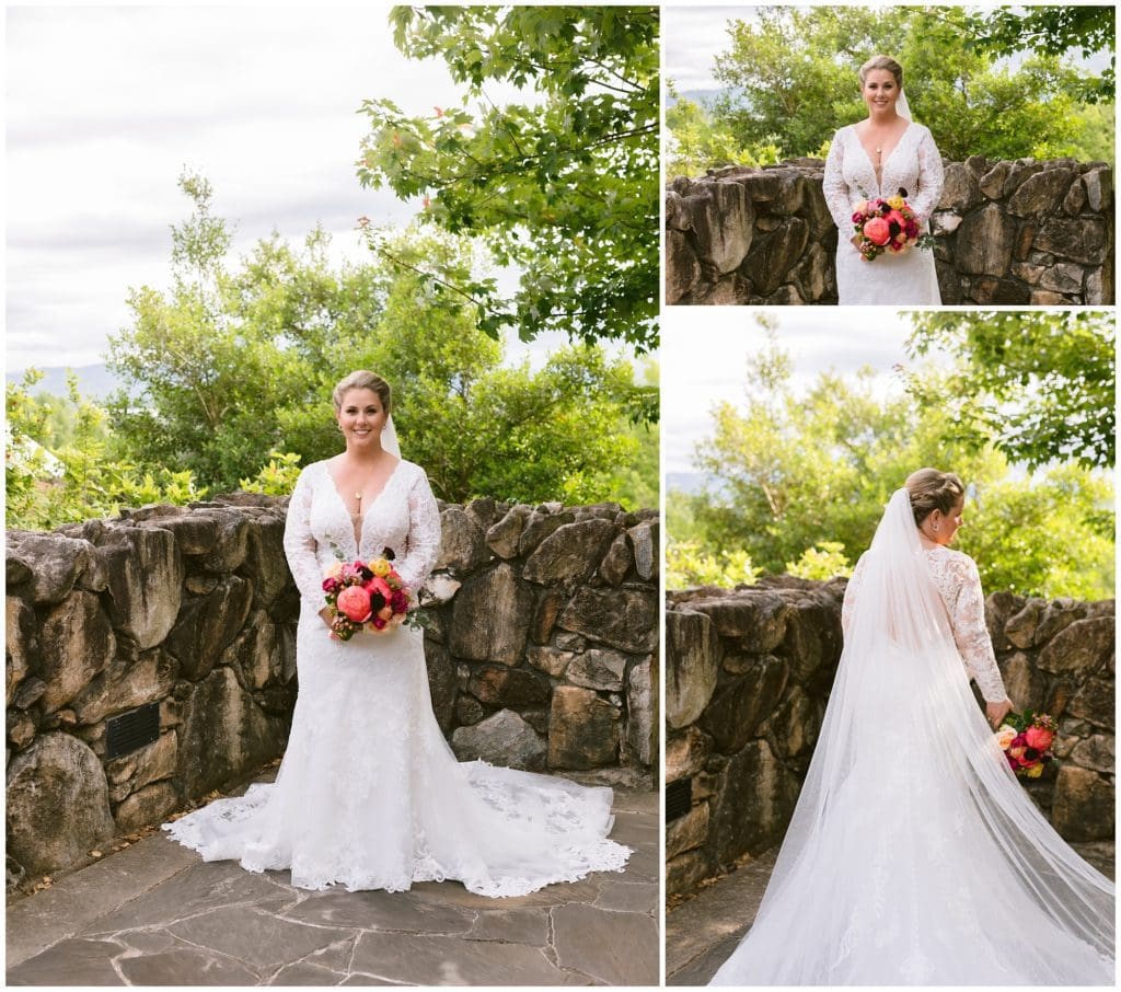 Bridal Portraits at the Omni Grove Park Inn with lush pink florals.