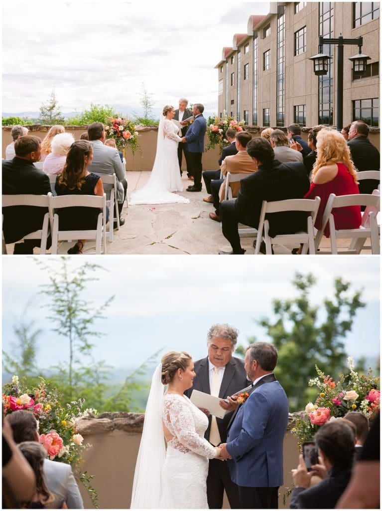 Wedding ceremony on the Vanderbilt Terrace of the Omni Grove Park Inn in Asheville | Asheville Wedding Photographer