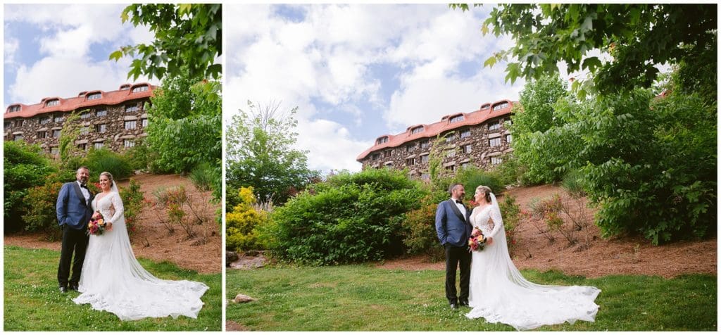 Bride and groom sunset portraits at the Omni Grove Park Inn | Asheville Wedding Photographer