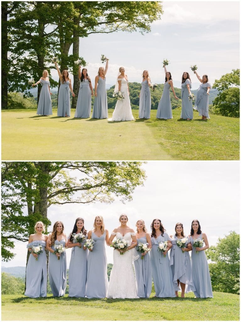 The bride and her bridesmaids in sky blue dresses with white flowers.