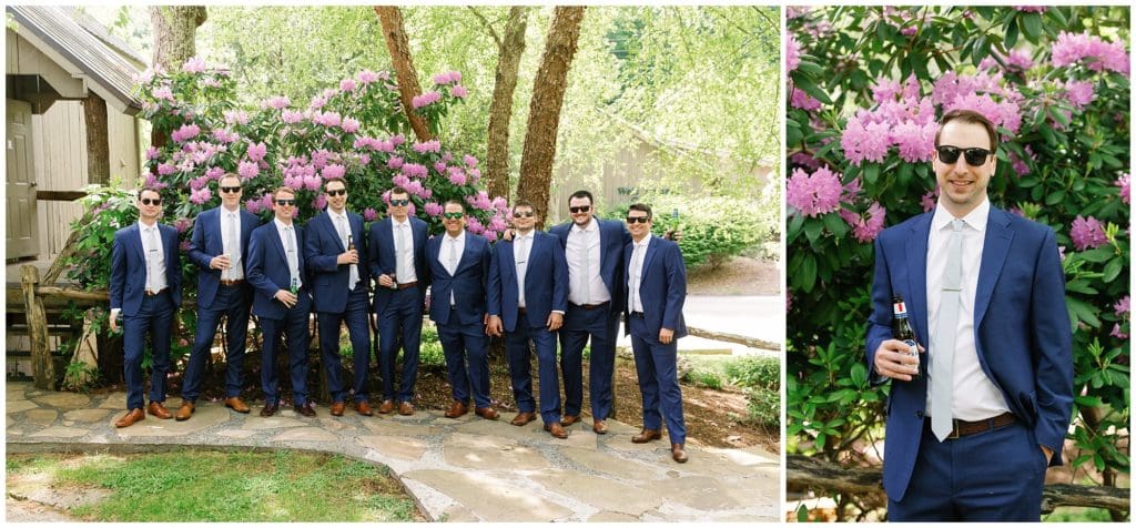 The groom and groomsmen all wearing sunglasses for their mountainside wedding in Mars Hill.