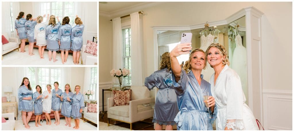 The bride and bridesmaids had matching blue robes to get ready in.