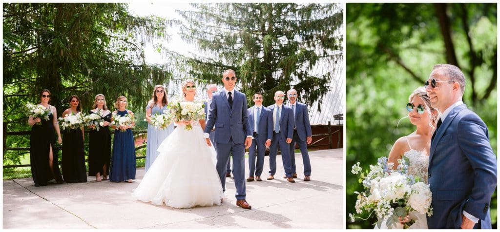 The bridal party wore round sunglasses for their Beatles inspired wedding.
