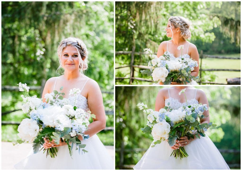 Bridal portrait at Honeysuckle Hill in Asheville with white and blue flowers.