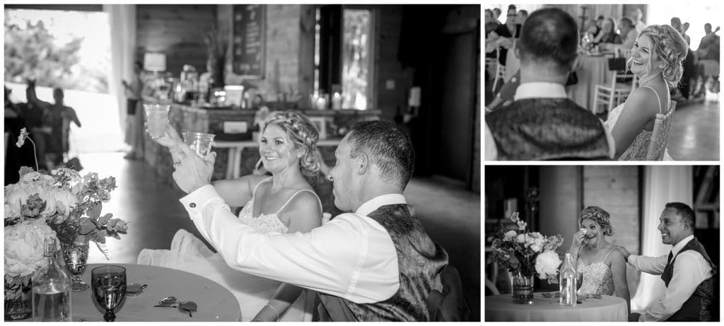 Black and white photos of the bride and groom laughing and crying together during toasts.