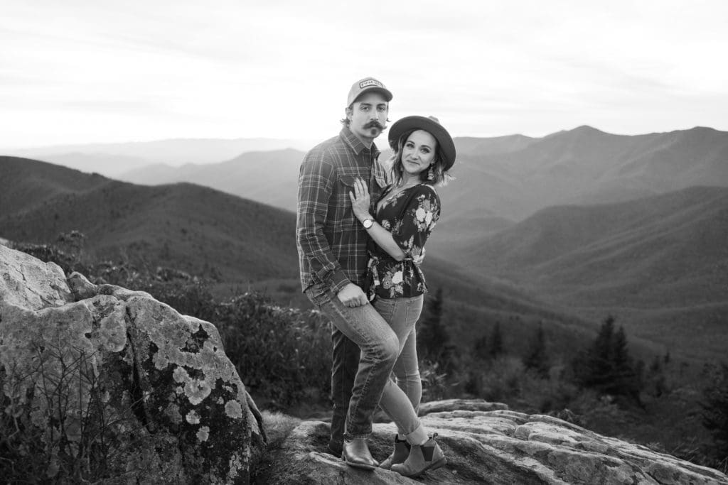 Black and white portrait of Bethany and Andy at the blue ridge parkway | Asheville Engagement Photographer