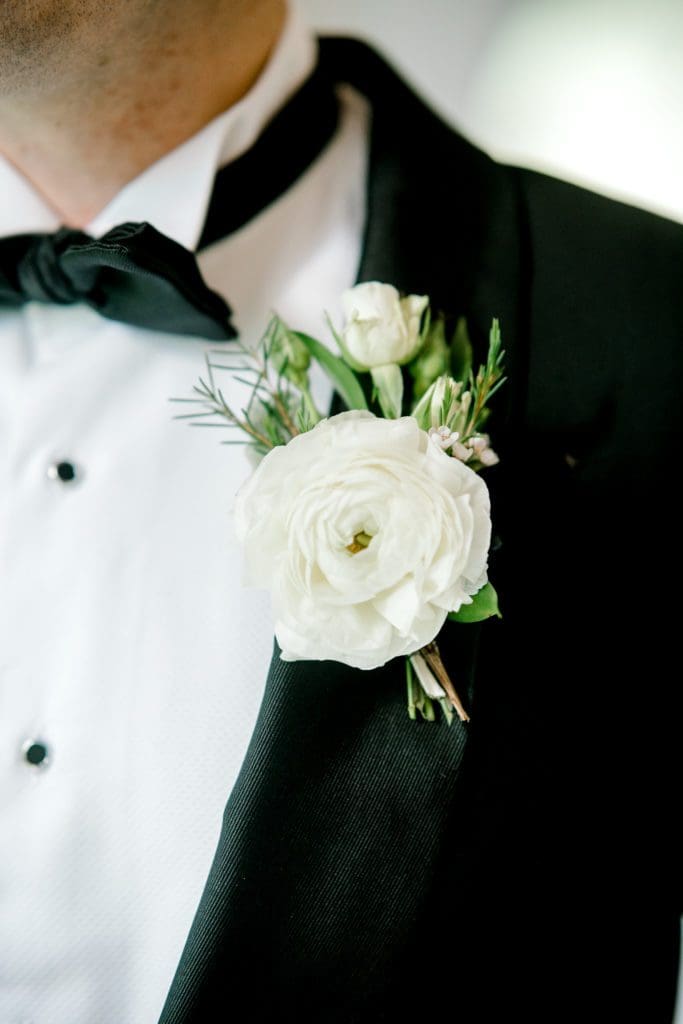 Classic groom attire with a tux and white bout | Kathy Beaver Photography | Asheville Wedding Photographer
