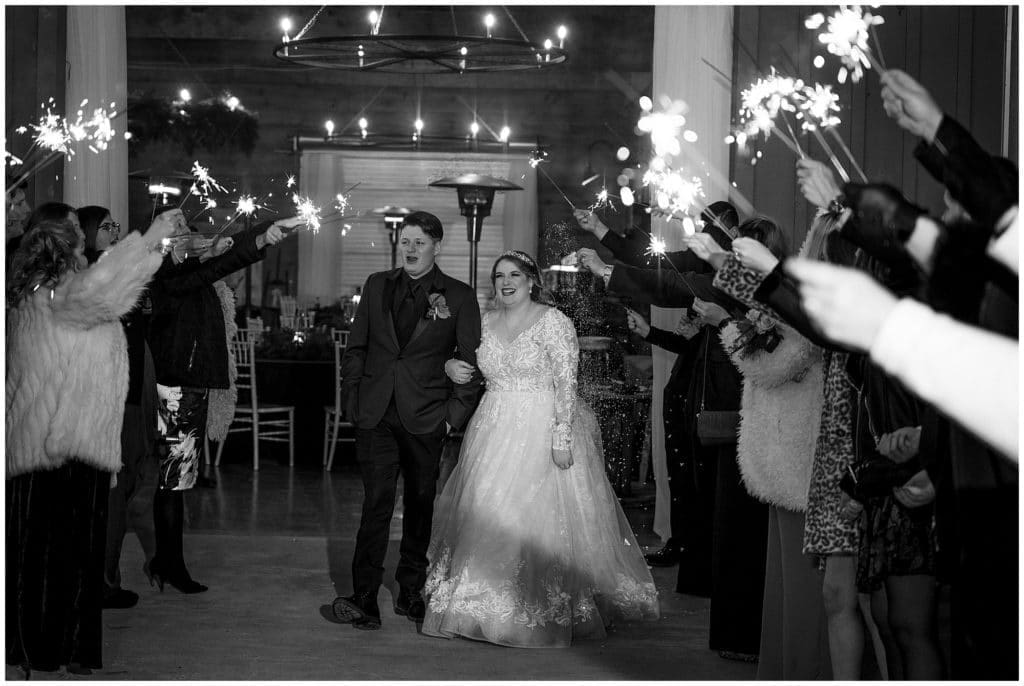 Black and white image of a wedding sparkler exit | Asheville Wedding Photographer