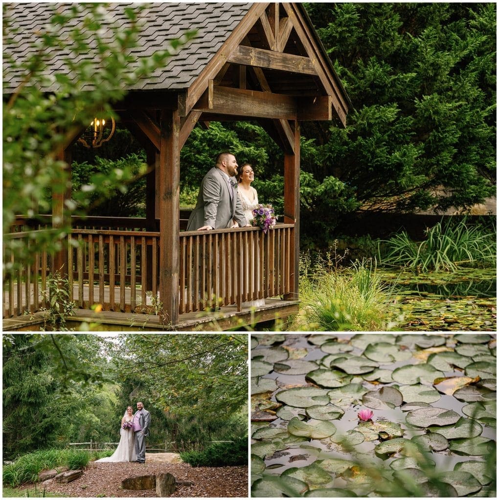 Bride and groom portraits at the lily pond and gazebo at Honeysuckle Hill  | Asheville Wedding Photographer