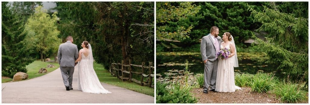 Bride and groom photos with greenery and a pond at Honeysuckle Hill  | Asheville Wedding Photographer
