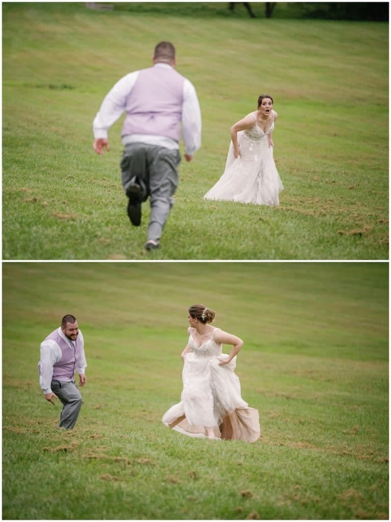 The bride and groom chasing each other together in an open field at Honeysuckle Hill | Asheville Wedding Photographer