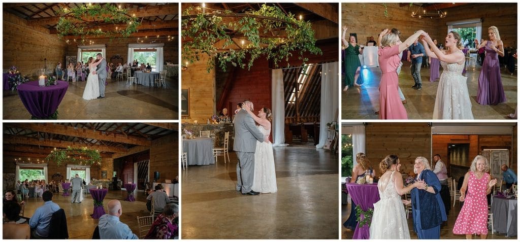 Reception photos of people dancing in the barn at Honeysuckle Hill  | Asheville Wedding Photographer